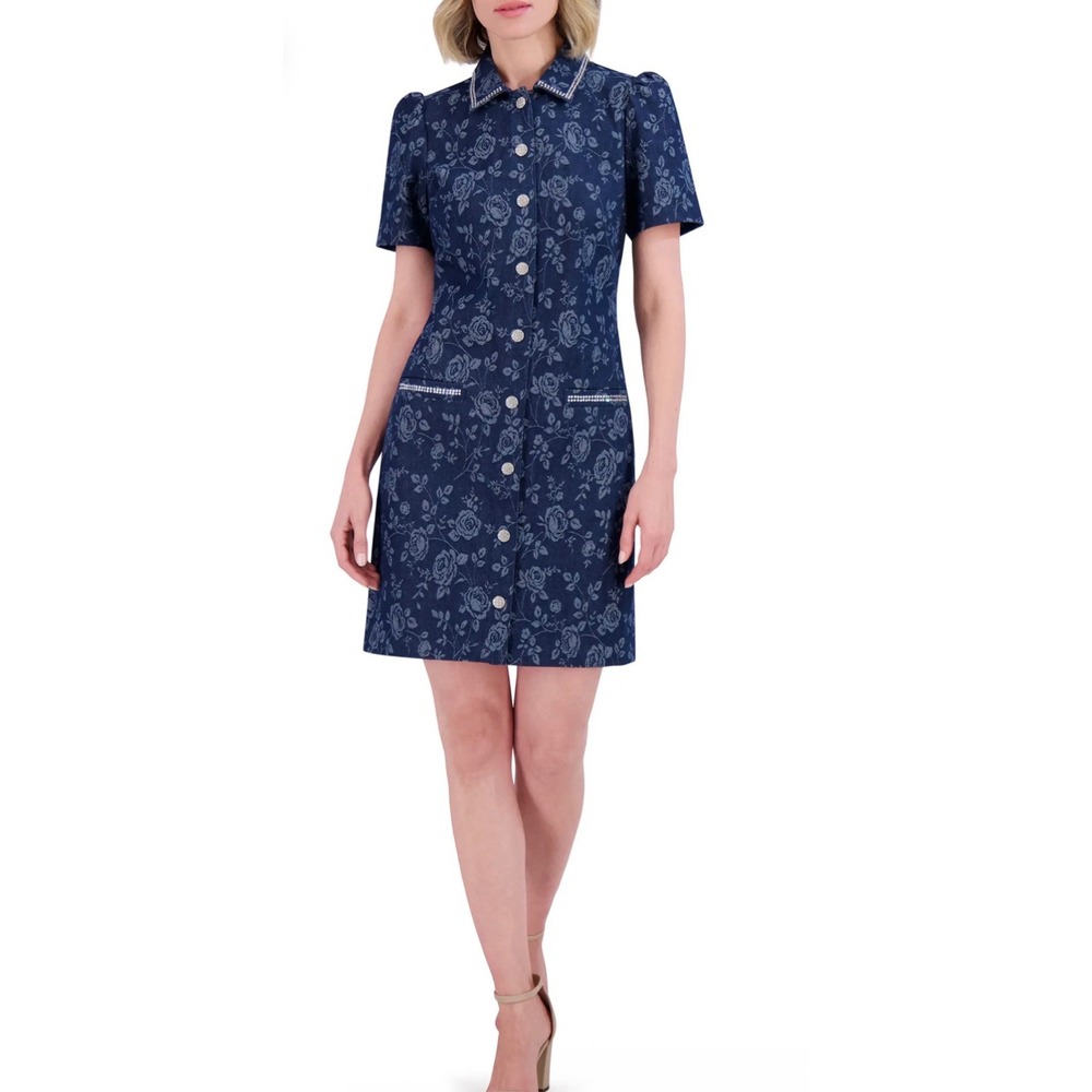 Eliza J Floral Denim Mini Dress Blue Rose Jacquard Rhinestone 12Pβ